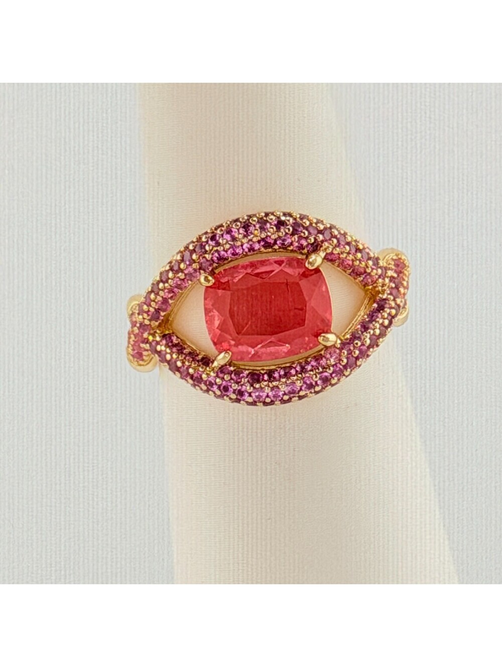 Bomb Party Sz 7 "Maharani" Coral Tourmaline +Quartz on Yellow Gold